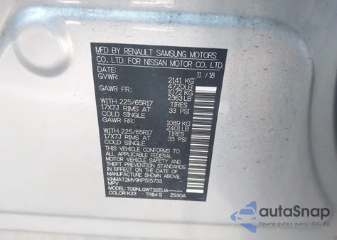 2019 Nissan Rogue Sv z USA, uszkodzony, nr VIN KNMAT2MV9KP515733